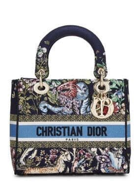 Dior Navy Floral & Animal Embroidered Canvas Tote with Gold Hardware